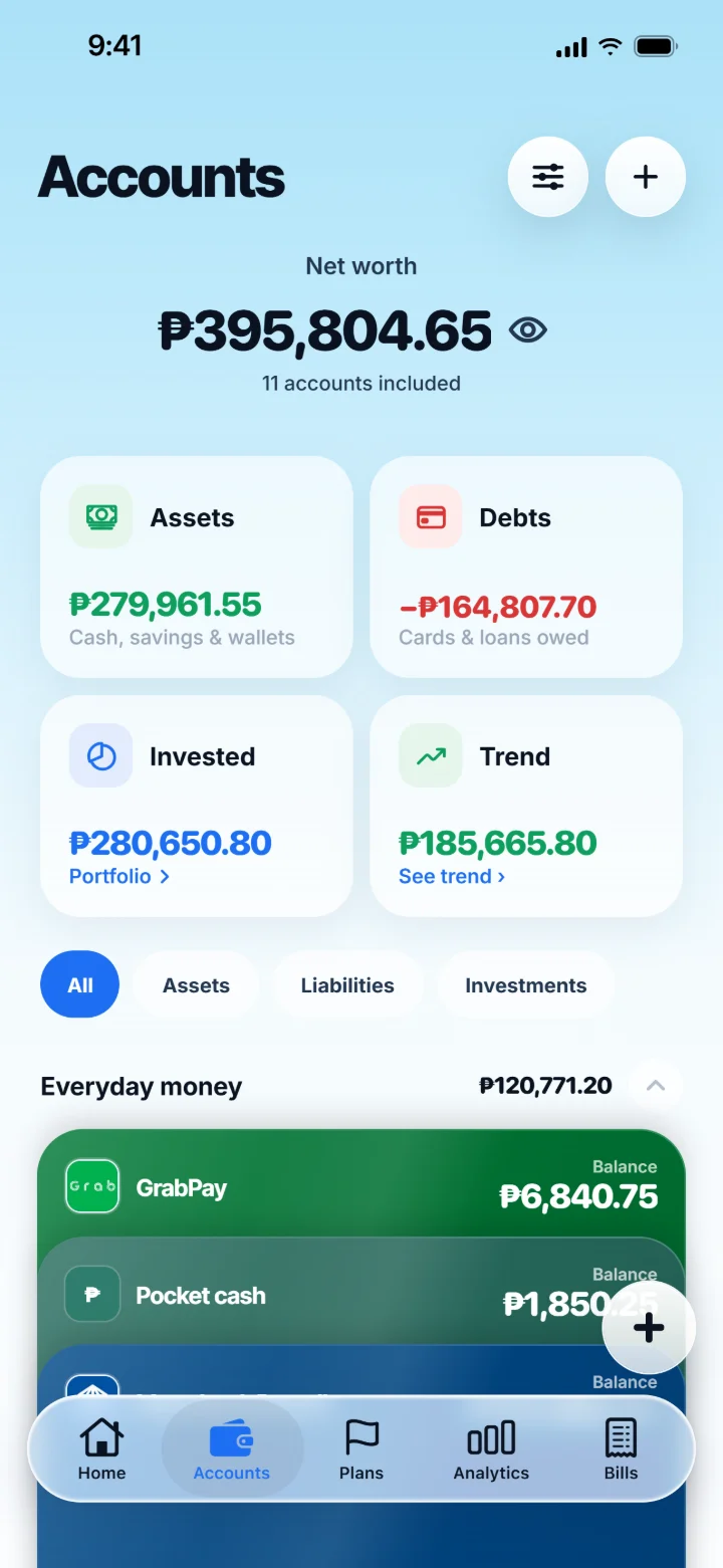 Accounts: a ₱395,804.65 net worth split into assets, debts, investments and trend