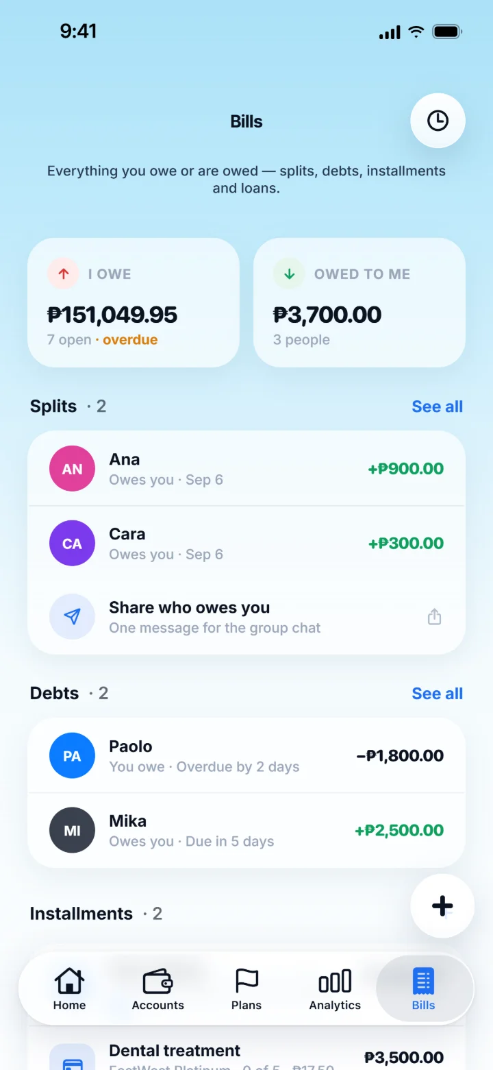 Bills: what you owe, what you're owed, splits and debts