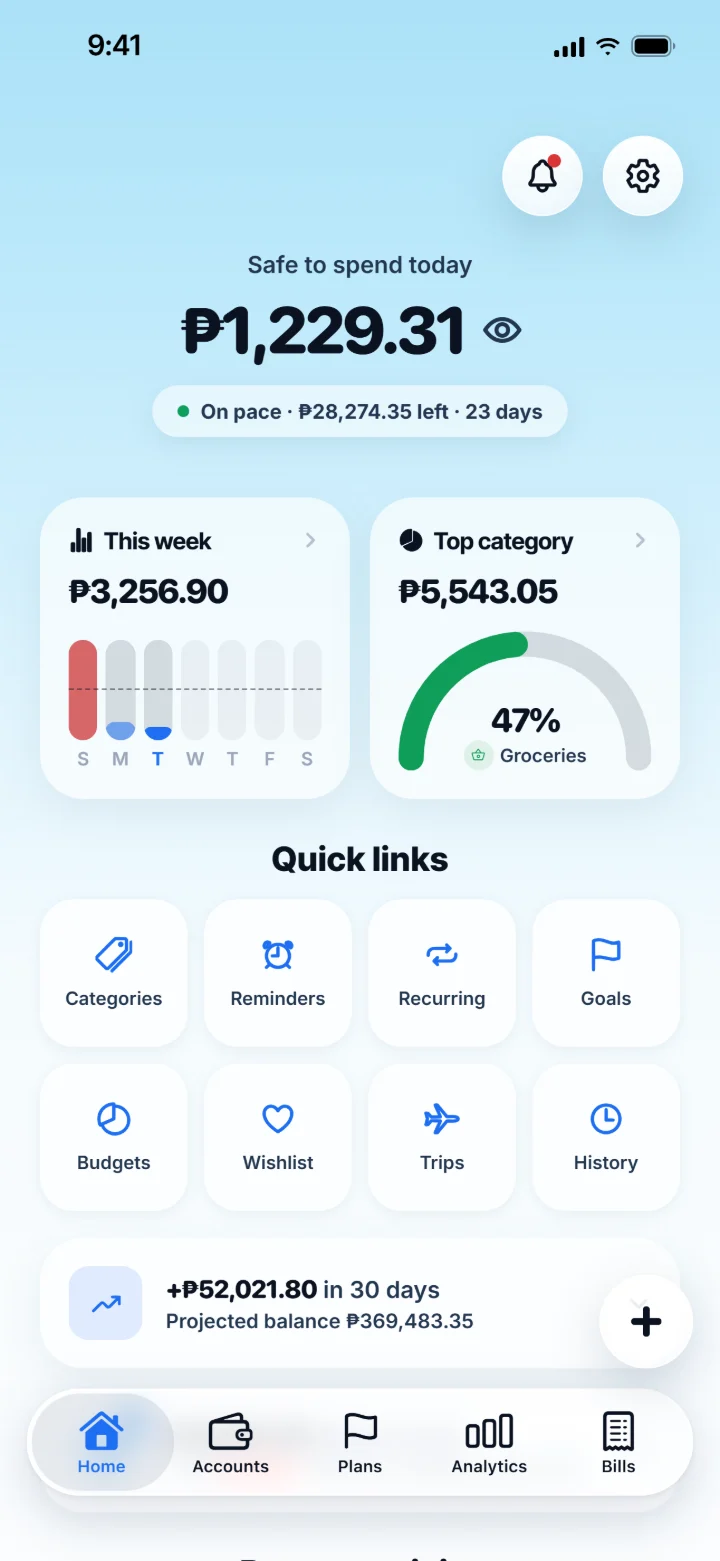 Silo's Home screen: ₱1,229.31 safe to spend today, on pace, with this week's spending and a 30-day forecast