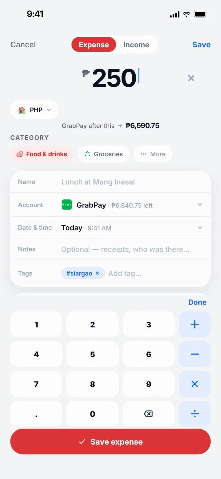 Logging a ₱250 expense with the keypad