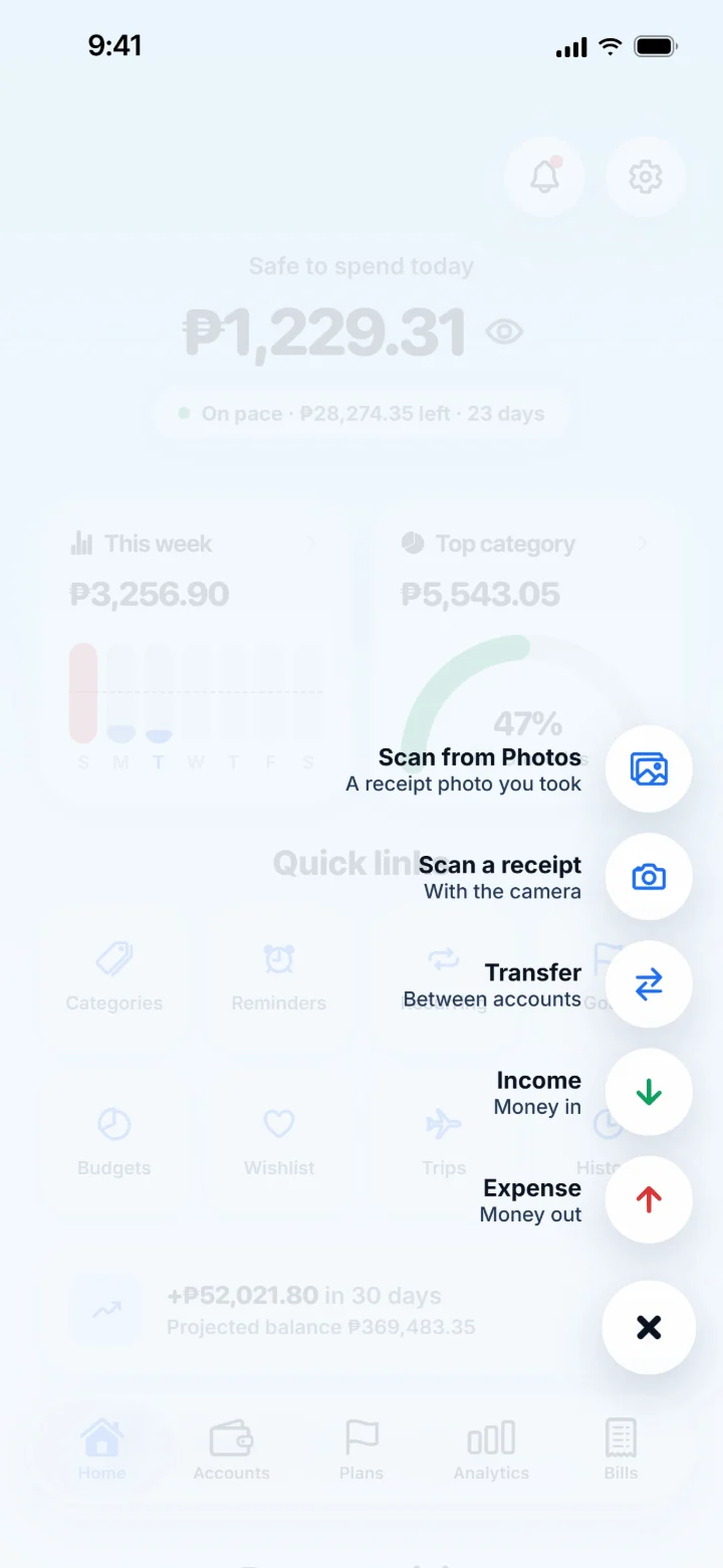 The + menu open: Expense, Income, Transfer, Scan a receipt and Scan from Photos